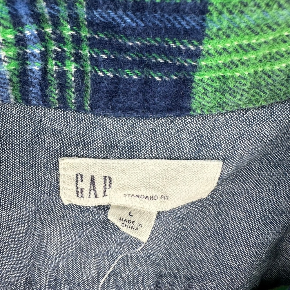GAP Flannel Shirt‎ Plaid Button Up Long Sleeve Green Blue Mens Size L - Picture 2 of 6